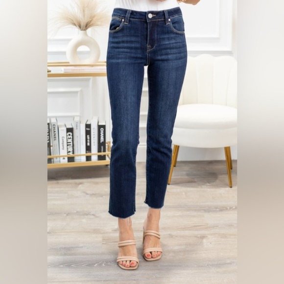 Risen Straight Leg Jeans Dark Wash Frayed Hem Ankle Length - Picture 4 of 7